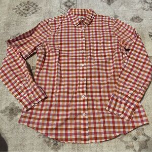J. Crew Red & White Plaid Button Down Shirt Curved Hem Size M Cotton Preppy